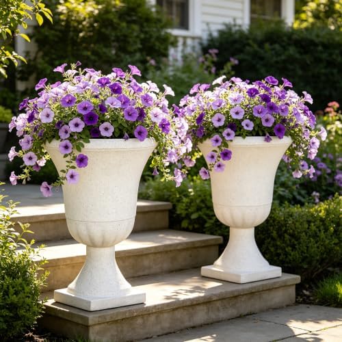Autodaya 22" Large Urn Outdoor Planters Set of 2, White Terrazzo Plant Pots by Unknown
