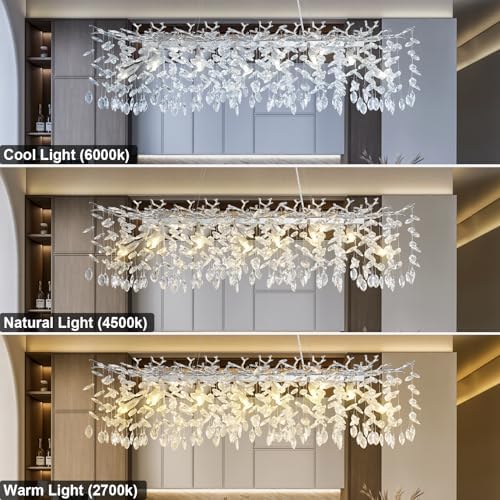 YUYI 47" Silver Crystal Chandelier, 14-Light Rectangular Tree Branch Chandeliers, Luxury Chandelier for Dining Room, Kitchen Island, Living Room, Foyer, Modern K9 Crystal Raindrop Light Fixture - Image 6