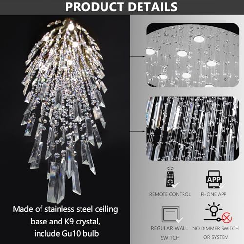 D24'' x H78'' Modern Crystal Chandelier High Ceiling Chandeliers for Entryway Glam Chandelier Large Raindrop Chandeliers LED Dimmable Light Fixtures for Staircaes Foyer Hallway Living Room - Image 2