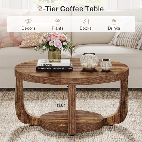 Tribesigns Round Coffee Table, 2-Tier Circle Coffee Table with Storage, Modern Wooden Accent Center Table for Living Room, Thick Tabletop & Base, Dark Brown - Image 4