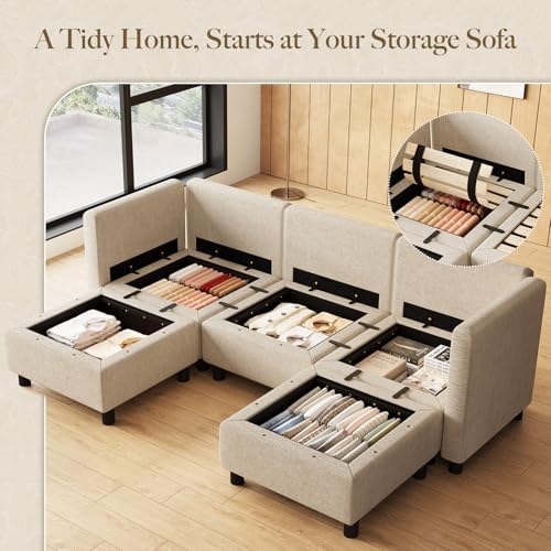 Belffin 84.3" 5 Seats U Shaped Couch Modular Sectional Sofa Washable Sectional Couches for Living Room Comfy Couches with Storage Seat Couch Sofas with Chaise,Beige - Image 3