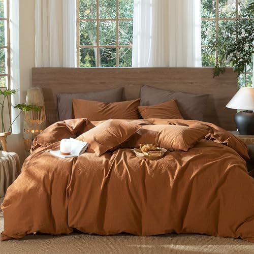 MooMee Wavy Striped Duvet Cover Set 100% Washed Cotton Linen Like Textured Breathable Durable Soft Comfy (Dark Orange, Super Queen 90"x98") by MOOMEE