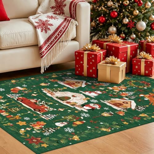 Christmas 3x4 Entryway Area Rugs: Winter Soft Rug for Living Room Bedroom Low Pile Thin Print Carpet for Dining Room Stain Resistant Floor Mat for Office Playroom Gifts for New Home Owners（3x4，Green - Image 2