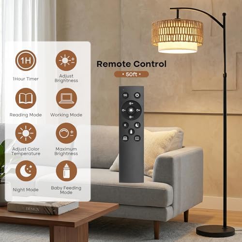 Arc Floor Lamp for Living Room with Remote, 57.5"-67" Height Adjust Dimmable Bulb Floor Lamps with 3 Color Temps, Boho Standing Lamp with Rattan & Fabric Shades, Farmhouse Tall Lamp for Bedroom Corner - Image 3
