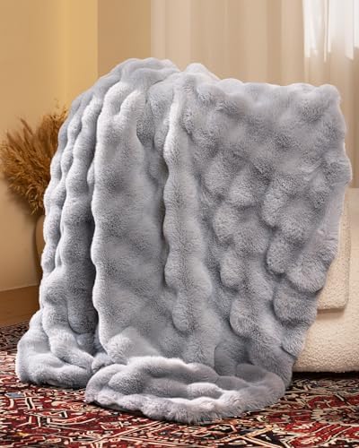 Ultra Soft Cozy Faux Fur Throw Blanket, Fuzzy Plush Thick Bubble Blanket, Oversize Luxury Fluffy Blanket for Couch, Bed, and Living Room, 60x80 Inches, Light Grey - Image 3