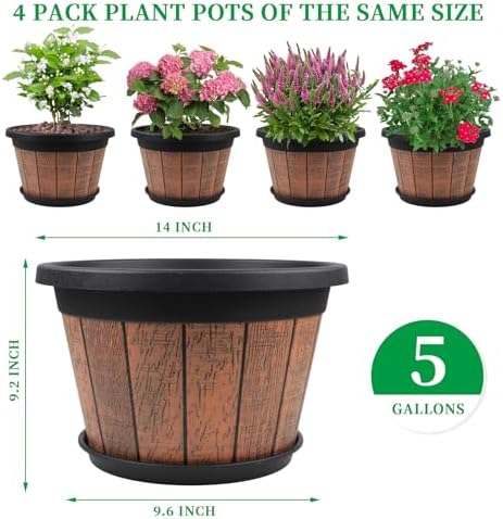 4 Pack 14 inch Plant Pots,Whiskey Barrel Planters with Drainage Holes - Image 3