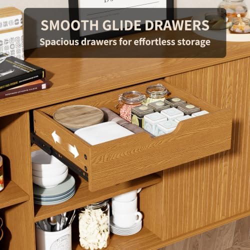 71" Sideboard Buffet Cabinet with Storage,Large Credenza with Sliding Doors and1 Drawer,Mid Century Modern Coffee Bar Cabinet with Adjustable Shelves for Dining Room,Kitchen,Living Room(Yellow Walnut) - Image 4