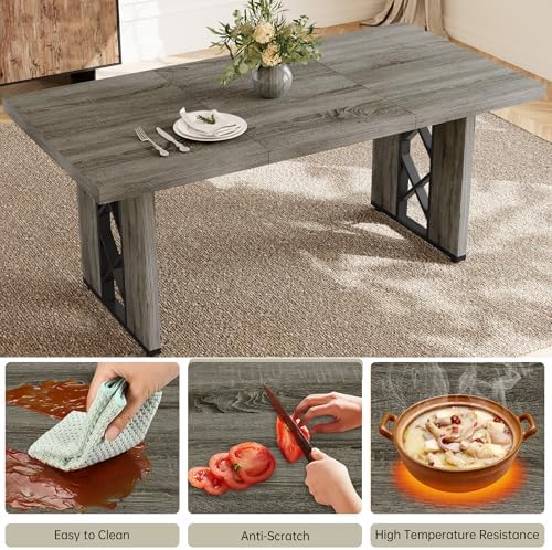 HIPIHOM 3-Piece Dining Table Set for 6 People, Grey Table with 2 Benches - Image 4