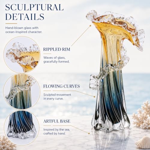 Blue Blown Glass Vase, Modern Art Hand Blown Coastal Vase,Beautiful Unique Ocean Wave Centerpieces for Living Room, Bedroom, Office Desktop,Coffee Table and Wedding Decorative (Amber, M) - Image 4