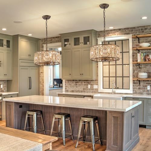 Bronze Vintage Crystal Chandeliers for Dining Room 14.17" Drum Pendant Lights, Dining Room Light Fixtures Over Table, Hanging Chandelier for High Ceiling Kitchen Island Living Room Foyer - Image 2