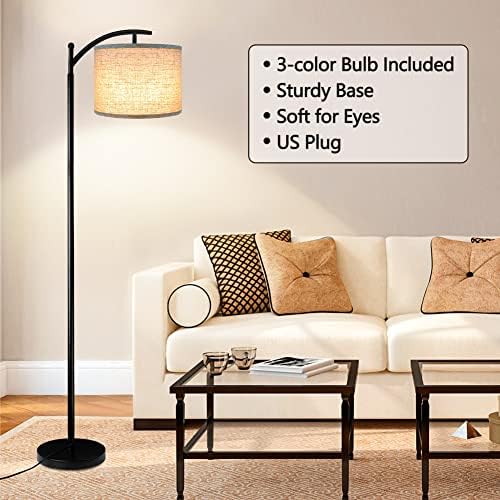 ROTTOGOON Floor Lamp with 3CCT LED Bulb, Gray Linen Lamp Shade for Living Room, Modern Standing Lamp for Bedrooms - Black - Image 6