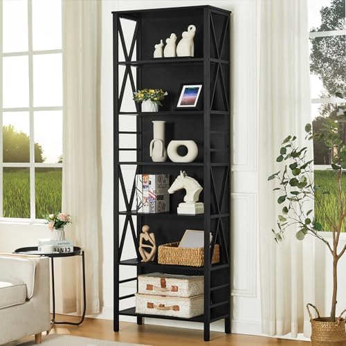 HOMISSUE Bookshelf, 7-Tier Bookshelf, Rustic Wood Metal Bookshelves and Bookcases, Freestanding Open Bookshelf, Industrial Tall Bookcase for Home Office, Living Room and Bedroom, Black by Homissue