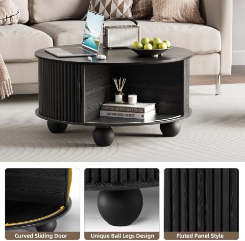 JOINICE 31.5" Round Coffee Table with Storage,Unique Bun Feet,Black - Image 3