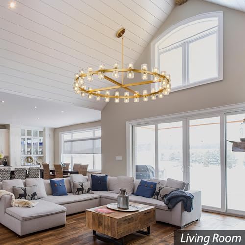 Modern 48 inch Gold Round Chandeliers Light Fixture, Crystal Chandeliers for Dining Room, Living Room Chandelier, Wagon Wheel Chandelier Over Table, Suitable for Bedroom,Foyer,Includes Bulbs - Image 2