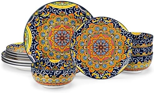 vancasso 12 Pieces Dinnerware Sets, Dark Green Plates and Bowls Set, Porcelain Dishes Set for 4, Microwave and Dishwasher Safe, Scratch Resistant, Bohemian Style Dining Ware Service for 4, Series SIMI by vancasso