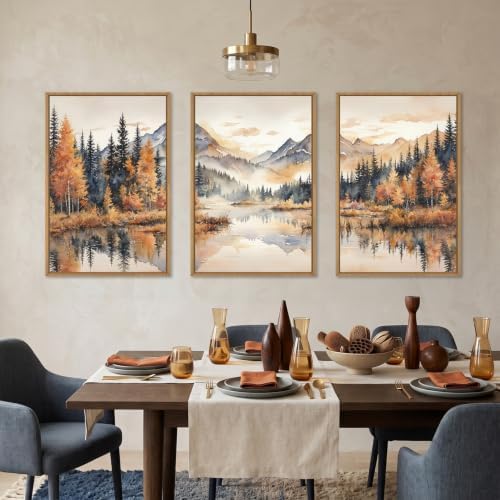 LHIUEM Large Neutral Mountain Framed Canvas Wall Art,Nature Foggy Forest Wall Decor,Watercolor Autumn Landscape Wall Painting,Woodland Artwork for Living Room,Bedroom,Dining Room,Office -16"x24"x3 - Image 2