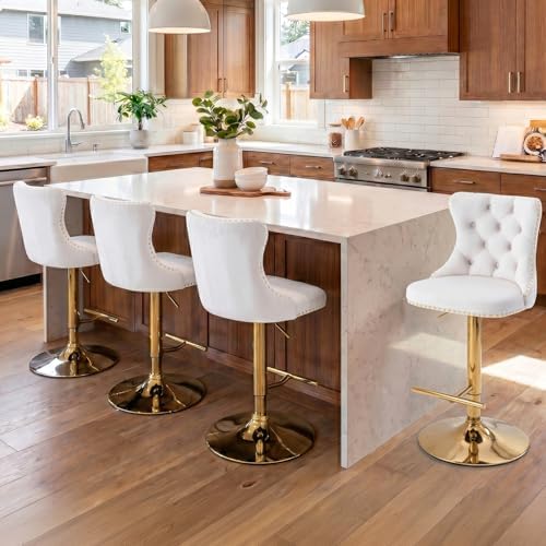 SoarFlash Velvet Bar Stool Set of 4, Adjustable Swivel Bar Stools with Gold Plated Metal Leg, Button Tufted, Footrest, Chrome Nailhead, Counter Height Chair for Kitchen, Bar, Dining Room (Beige) - Image 3