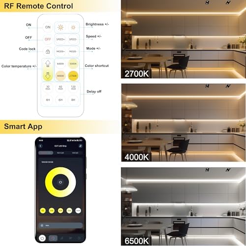 CCT COB LED Strip Lights, 49ft Dimmable 2700K-6500K 24V Tunable White LED Light Strip Kit, High Density CRI 90+ LED Strips with Remote Controller and Power Supply, for Bedroom Kitchen Home Lighting - Image 4