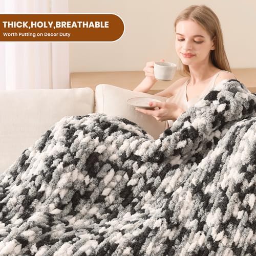 L'AGRATY Chunky Knit Throw Blanket for Couch, 60 x 80 Inches, Black White - Image 4
