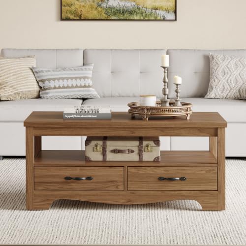 LINSY HOME Farmhouse Coffee Table with Storage, Wood Coffee Table for Living Room, Open Display Area and Storage Drawers with Metal Handles, Chic Style with Curved Base, Walnut - Image 2