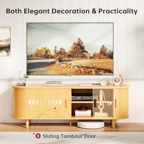 58" Mid Century Modern TV Stand, Wood TV Consoles with Sliding Doors and Power Outlet, Entertainment Center with Adjustable Shelves, Fluted TV Stands for Living Room, Oak - Image 4