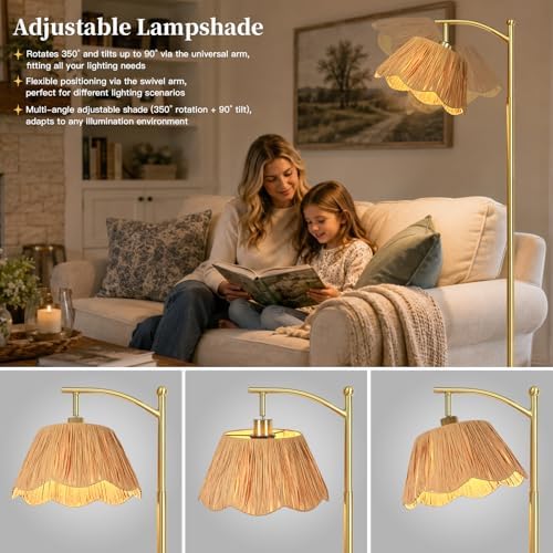 Cinyirong 62.5" Rattan Arc Floor Lamp with 3 Color Temperatures, Boho Hand Woven Shade Standing Floor Lamp, Gold Metal Base Foot Switch Farmhouse Tall Corner Reading Lamp for Living Room Bedroom - Image 6