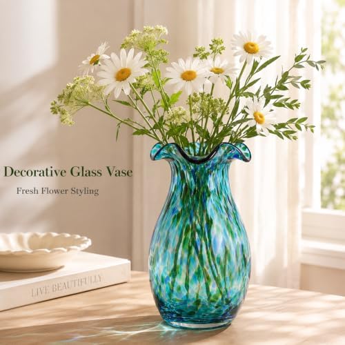 10.6in Hand Blown Blue Glass Vase – Wide Mouth Murano Bubble Art Glass Vase, Cobalt Blue Flower Vase for Coastal, Vintage, Colorful Home Decor, Vase Gift for Mom or Display (Green) - Image 2