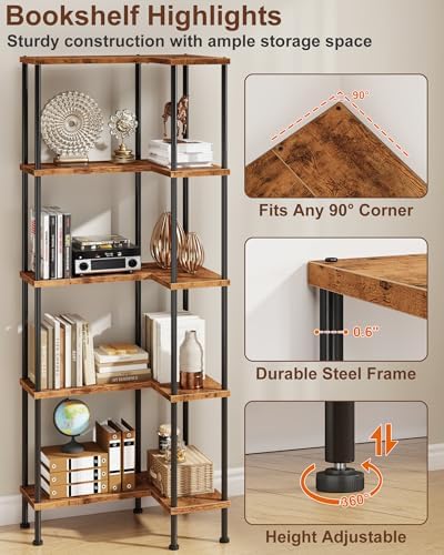 HIGDBFE 5-Tier L-Shaped Corner Bookshelf, 60" Tall Modern Corner Shelf - Image 3