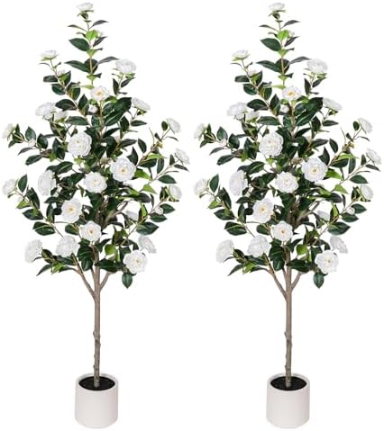 Yepdin 63 inch Artificial Camellia Tree with White Flower Pots -2 Pack White Fake Tree,5 Ft Faux Plants Indoor wich Blooming,Artificial Plants for Indoor & Outdoor Home Front Door Decor - Image 2