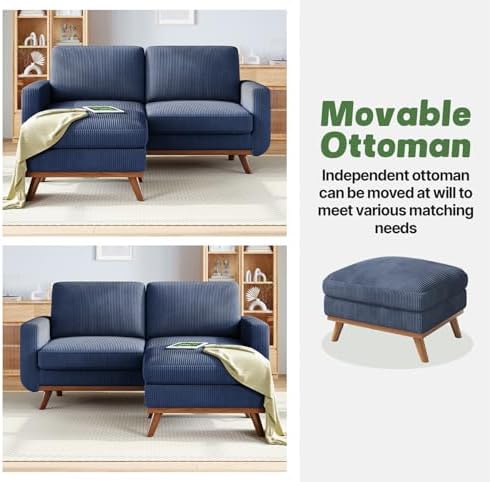 Vesgantti 68" Loveseat Sofa with Movable Ottoman, Comfy Corduroy Couch with Spring Cushion, Sofa Couch with Solid Wood, Modern Office Sofa with Deep Seat for Living Room and Bedroom, Dark Blue - Image 6