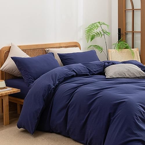 BESTOUCH Cotton Solid Duvet Cover Set Linen Feel Navy Blue Full - Image 2