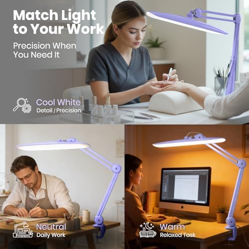 Neatfi XL 2200 Lumens 20W LED Desk Lamp with Clamp – Adjustable Color Temperature | 4-Level Dimmable Light | Home Office, Crafts & Workbench | 20-Inch Wide Head (Lavender, CCT with Clamp) - Image 3