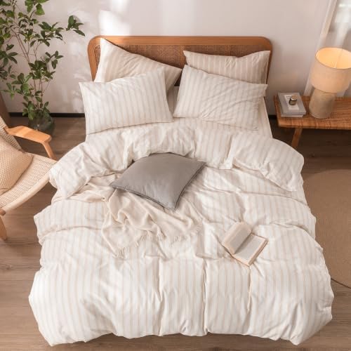 BESTOUCH Striped Cotton Duvet Cover Set Linen Feel Queen - Image 3
