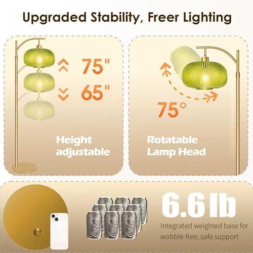 Glass Floor Lamp for Living Room, Modern Standing Lamp for Bedroom, Dimmable Tall Lamp with Shade, Remote,12W LED Bulb Included (Gold+Green) - Image 3