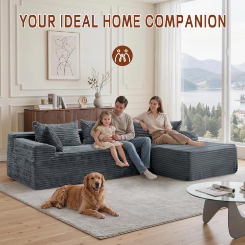 Korser 110" L-Shaped Modular Sectional Sofa with Chaise, Boneless Comfy Corduroy Fluffy Couch with Deep Seat and Side Pockets, Flexible Module Combination for Living Room, No Assembly, Side Pockets - Image 6