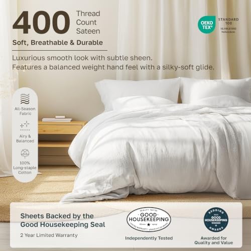 California Design Den Soft 100% Cotton Sateen King Size Sheets Set, White - Image 2