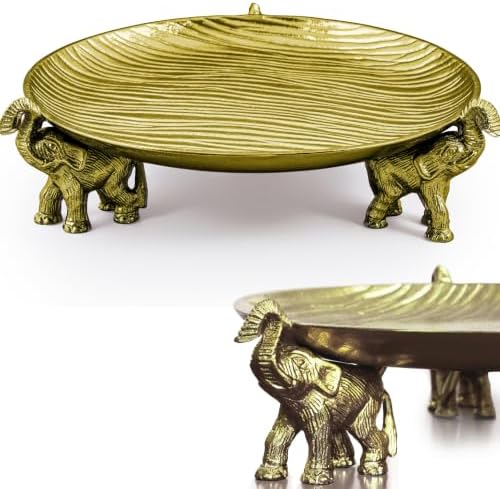 Antique Gold Tray with Elephant Stand - Round Coffee Table Centerpiece by Juuvana