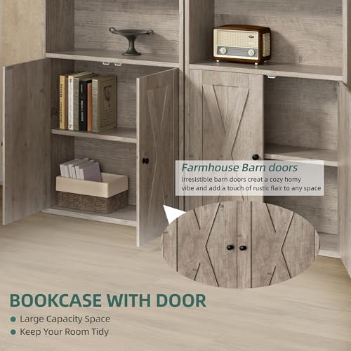 Shintenchi Bookshelf, Industrial Bookshelves and Bookcases with Doors Floor Standing 6 Shelf Display Storage Shelves 70.6 inches Tall Bookcase for Home Office, Living Room (Grey) - Image 6