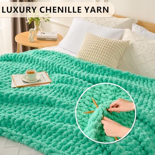 L'AGRATY Chunky Knit Throw Blanket for Couch, 50'' x 60'' Knit Throw, Aqua - Image 3