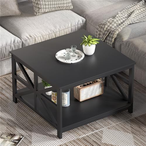 GreenForest 27.55 Inch Square Coffee Table with 2 Tier Storage - Image 5