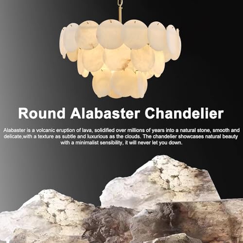 Alabaster Round Chandelier, 26" Natural Spanish Marble Stone Texture Chandeliers, 9-Light Dimmable Alabaster Chandelier, Modern Luxury Lighting for Living Room, Bedroom, Hallway - Image 6