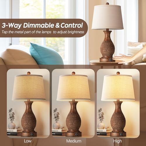 PARTPHONER Table Lamps Set of 2, Bedside Touch Lamp with USB C+A Charging Ports, Side Table Lamp with Linen Fabric Shade (LED Bulbs Included), Wood - Image 3