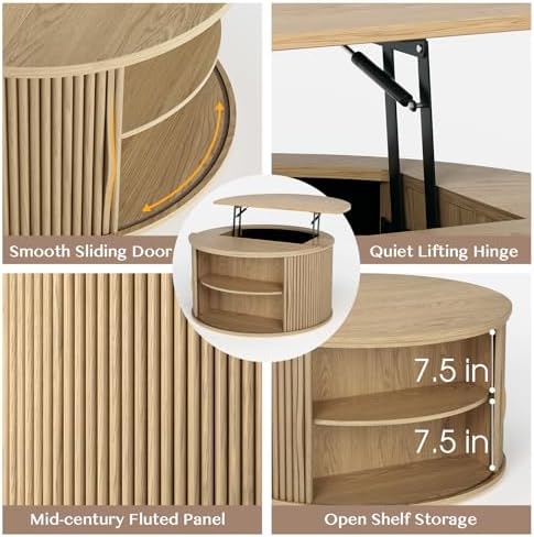 JOINICE Round Lift Top Coffee Table with Storage for Living Room,Oak - Image 4