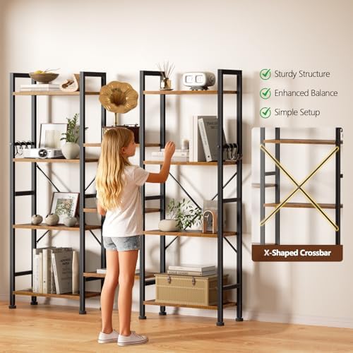 Furologee Triple 4 Tier Bookshelf, Bookcase with 11 Open Display Shelves, Large Book Shelf with 6 Hooks, Rustic Bookshelves Storage Organizer, Decorative Shelving Unit for Living Room, Home Office - Image 5