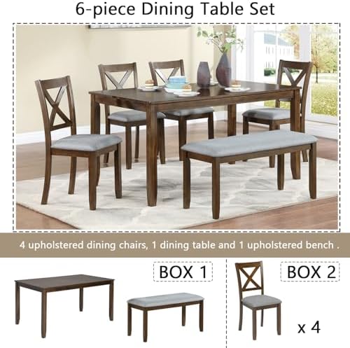 Harper & Bright Designs 6-Piece Dining Table Set with 4 Upholstered Chairs & Bench, 58.5" Rectangular Solid Wood Frame Table, Dining Table Set for 6 People, Living Room, Home Bar and Kitchen,Walnut - Image 7