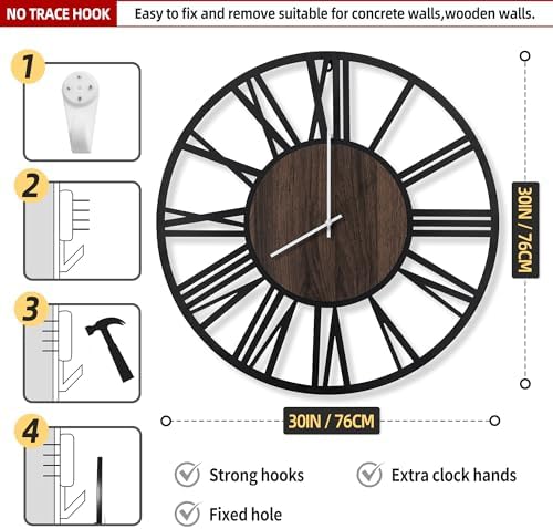 LEIKE Large Wall Clocks with Night Light Battery Operated,Silent Non Ticking,Rustic Modern Big Wood Clock for Living Room, Bedroom,Kitchen,Farmhouse,Office,Home Decor-30 Inch(Roman Numerals) - Image 3