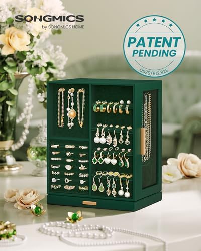 SONGMICS Jewelry Box Organizer, 360° Rotating, 5 Drawers, Forest Green - Image 2