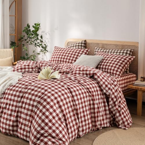 BESTOUCH Gingham Cotton Duvet Cover Set Fired Brick Red Full - Image 6