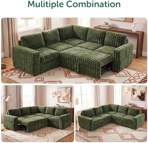 HONBAY Plush Corduroy Modular Sectional Sofa with Pull Out Bed, Convertible L Shaped Couch with Storage,Sleeper Sectional Couches for Living Room,Plush Green - Image 6
