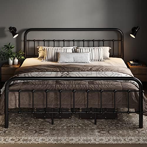 Allewie King Metal Bed Frame with Victorian Iron-Art Headboard, Black by Allewie